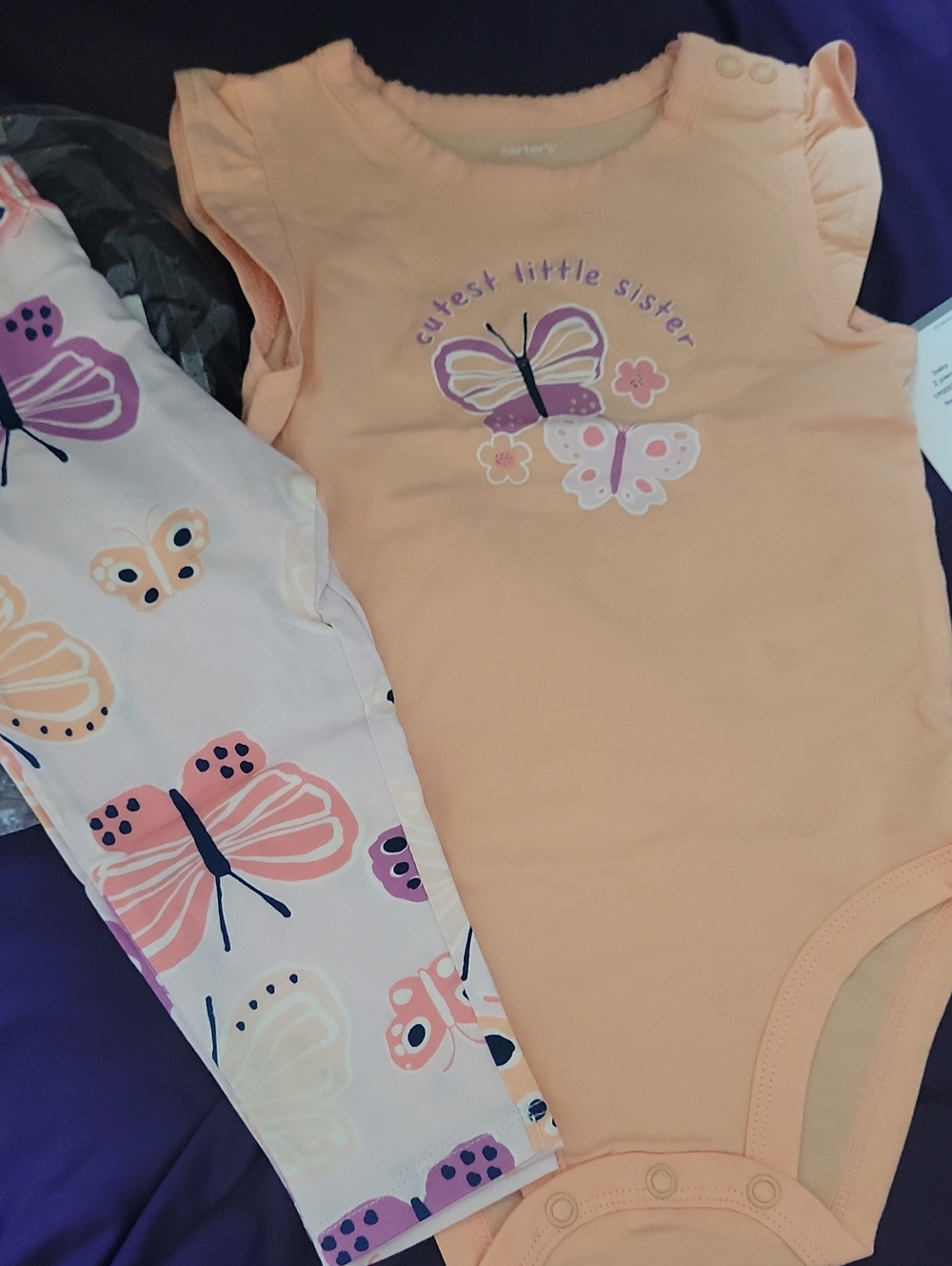 NWT Carter's Peach Butterfly Flutter-Sleeve One-Piece with Printed Pants